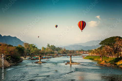 Beautiful views of the mountains and the balloon tour, landmarks travels Vang Vieng, Laos. photo