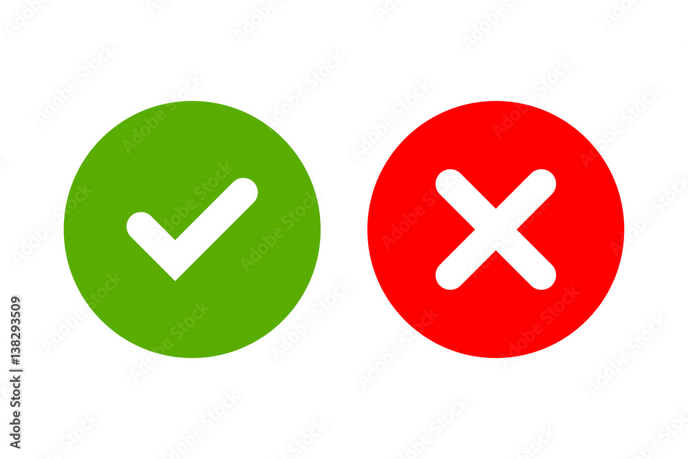 Tick and cross signs. Green checkmark OK and red X icons, isolated on white background. Simple marks graphic design. Circle symbols YES and NO button for vote, decision, web. Vector illustration Tick and cross signs. Green checkmark OK and red X icons, isolated on white background. Simple marks graphic design. Circle symbols YES and NO button for vote, decision, web. Vector illustration