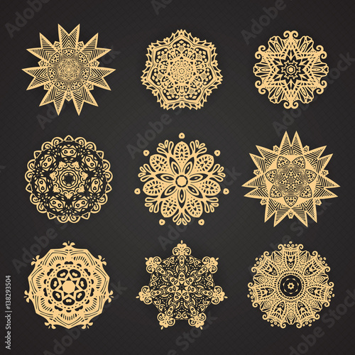 Set of mandalas. Collection of stylized stars and snowflakes.  ornaments. Template for embroidery. Sketches for tattoo graphic Thai design