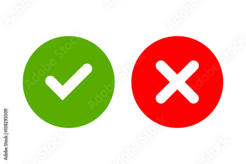 Tick and cross signs. Green checkmark OK and red X icons, isolated on white background. Simple marks graphic design. Circle symbols YES and NO button for vote, decision, web. Vector illustration photo
