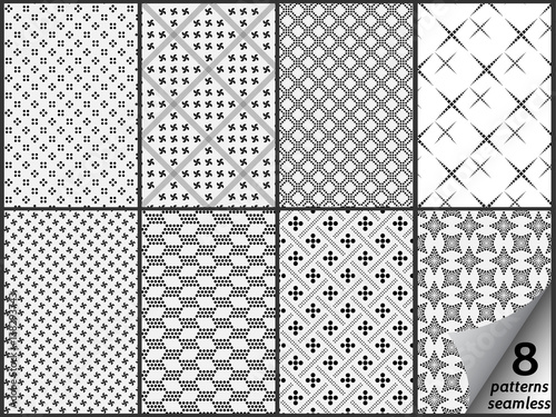 set of eight monochrome seamless patterns.
