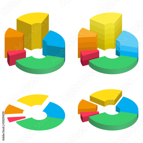 Set of bulk isometric pie charts different heights with separated segments. Templates realistic three-dimensional pie charts. Business data, colorful elements for infographics. Vector