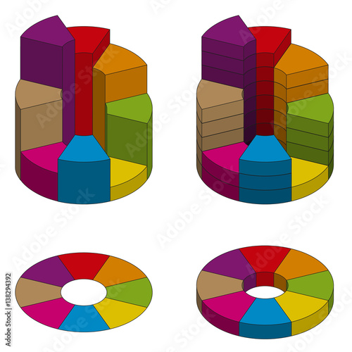 Set of bulk isometric pie charts different heights with hard stroke. Templates realistic three-dimensional pie charts. Business data, colorful elements for infographics. Vector