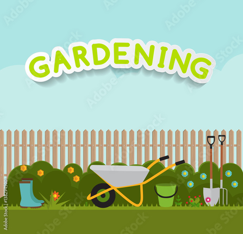 Gardening Flat Background Vector Illustration. Garden Tools, Tre