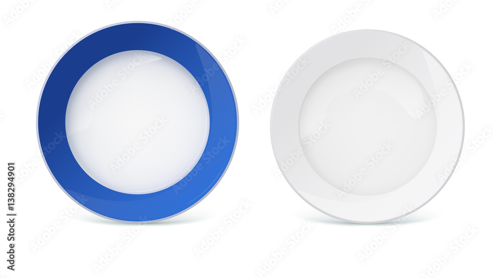 Fototapeta premium Porcelain plates with reflexes and reflections on white background, closeup. White plate without pattern and platter with a blue border