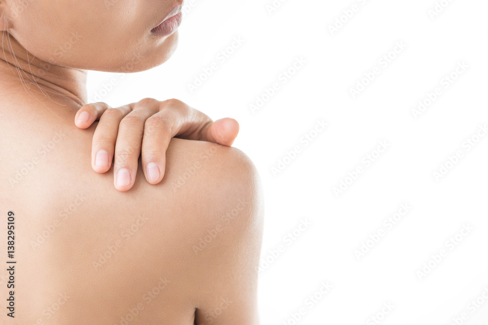 Woman with pain in shoulder. Pain in the human body,health care concept.