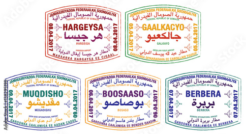 Stylised passport stamps of Somalia in vector format.