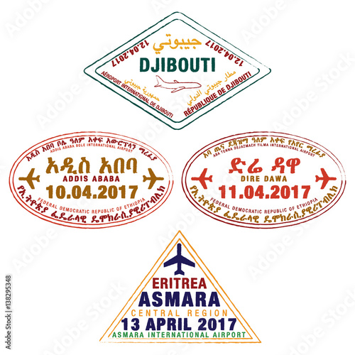 Stylised passport stamps of Djibouti, Ethiopia and Eritrea in vector format.