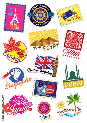 World country travel landmark label set