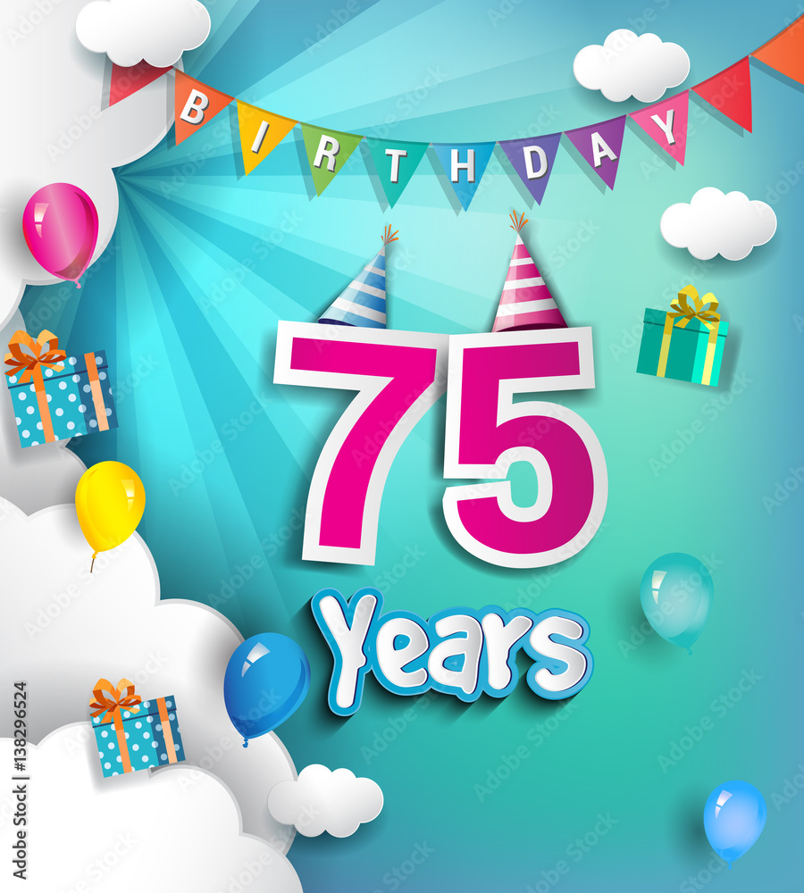 75 years Birthday Celebration Design, with clouds and balloons. using Paper Art Design Style