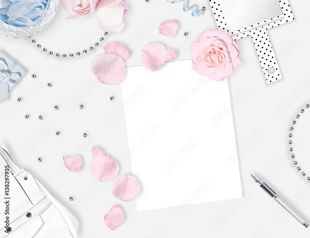 White feminine background. Flat lay. Pink roses, mirror, white bag. Place for text. Cheerful mind every day 