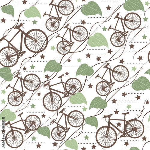 Tapety Streszczenie wzór z rowerami. Bezproblemowa wiosna wzór. Liście, gwiazdy i linie. Chodzenie na rowerze. Oznaczone rowerami i liśćmi. Ukośny wzór.