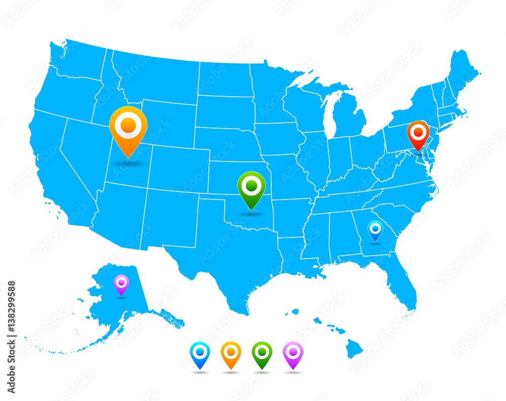 Naklejka premium Vector United States (USA) map with pointers isolated