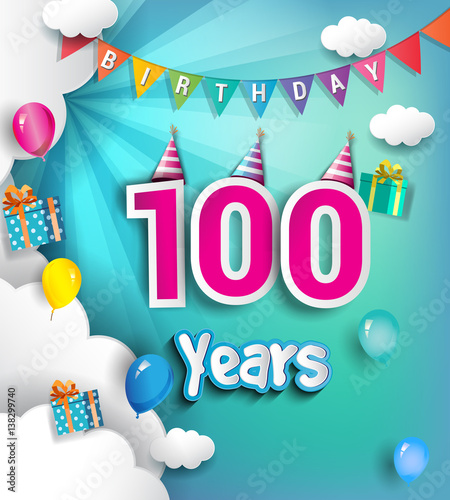 one hundred Birthday Celebration Design, with clouds and balloons. using Paper Art Design Style, Vector template elements for your, 100th birthday celebration party.