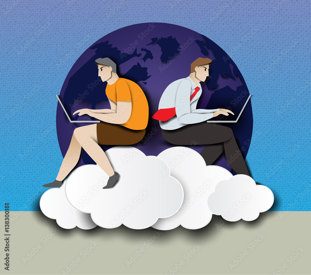 Two Business man sitting on the cloud with laptop and world map background. cartoon paper art cut style. vector illustration graphic design.