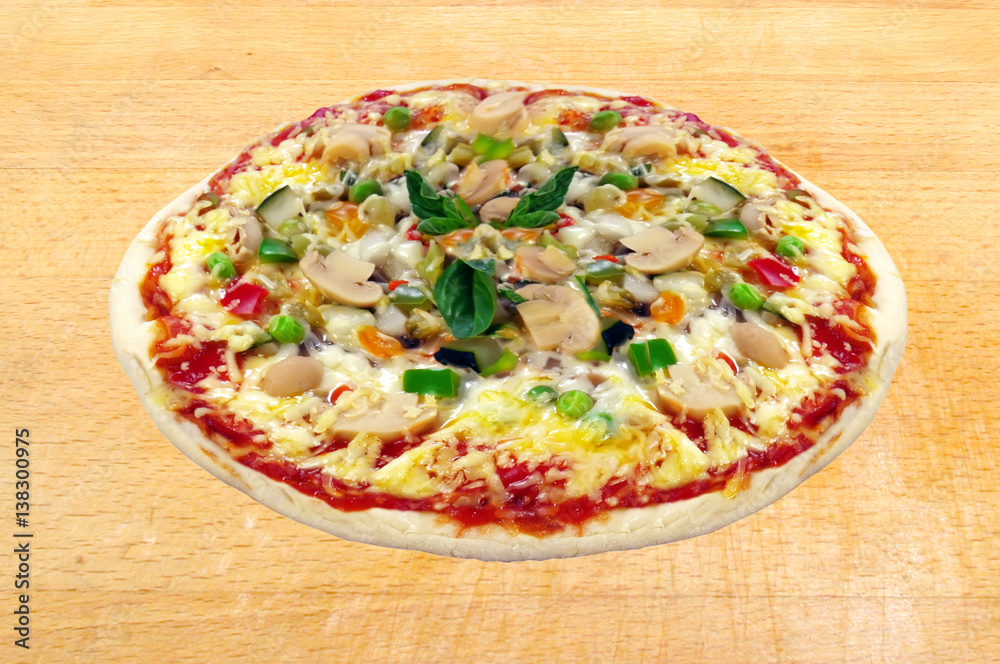 Tasty pizza on wood table background Tasty pizza on wood table background
