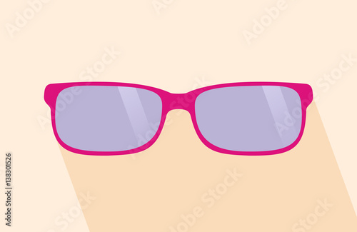 pink glassess. Long shadow, flat design, yellow background. Vector illustration.