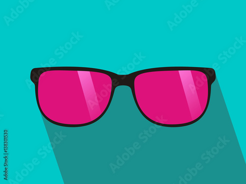 Glasses with pink lens. Long shadow, flat design. green background. Vector illustration. photo