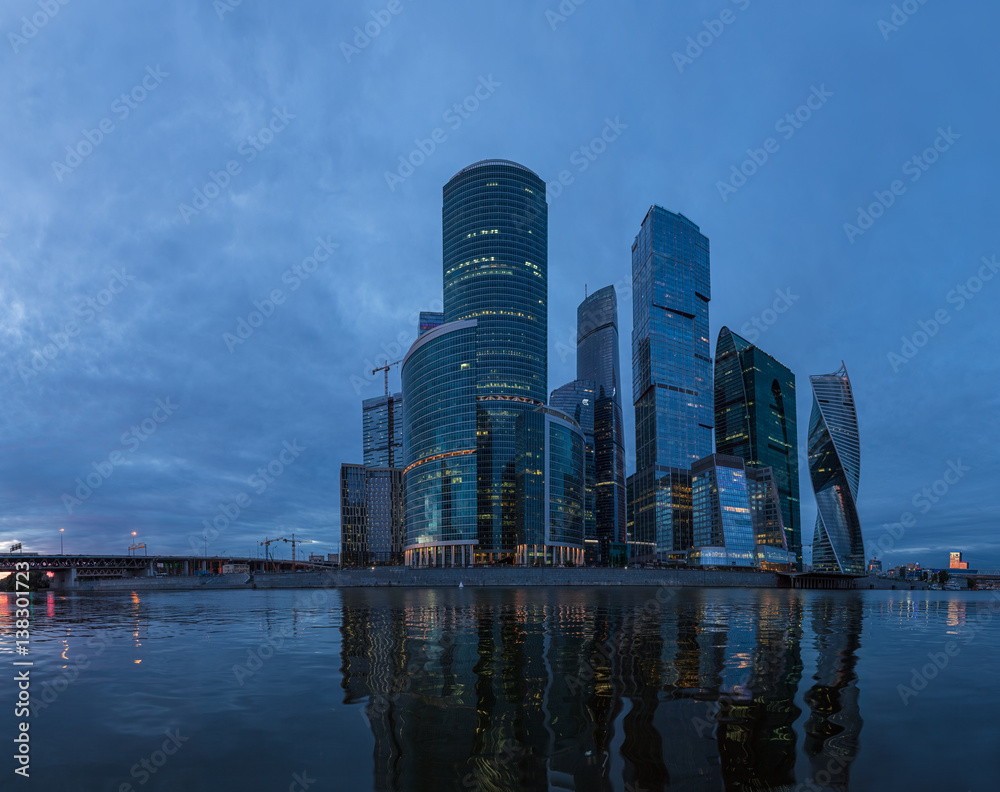 Obraz premium skyscraper, skyline, landmark, tall, tower, moscow, view, urban, office, modern, business, blue, city, architecture, built, international, moskva, house, construction, cityscape, complex, outdoor, des