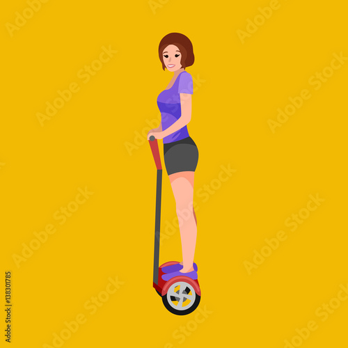 active peoples fun with electric scooter, segway new modern technology hoverboard, woman self balance wheel transport gyroscooter ride the street vector illustrator