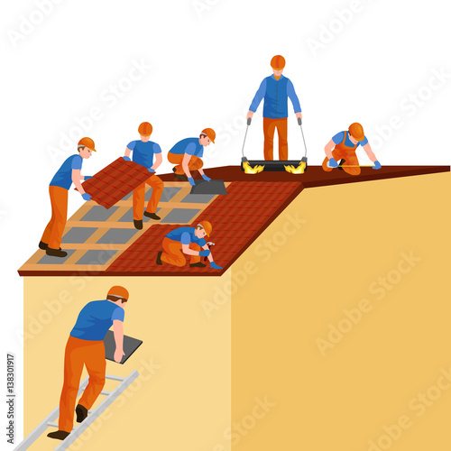 roof construction worker repair home, build structure fixing rooftop tile house with labor equipment, roofer men with work tools in hands outdoors renovation residential vector illustration