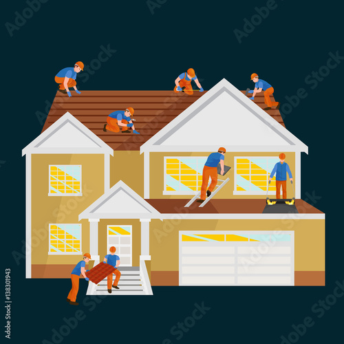 roof construction worker repair home, build structure fixing rooftop tile house with labor equipment, roofer men with work tools in hands outdoors renovation residential vector illustration