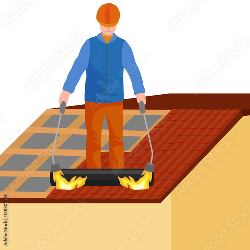 roof construction worker repair home, build structure fixing rooftop tile house with labor equipment, roofer men with work tools in hands outdoors renovation residential vector illustration