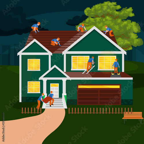 roof construction worker repair home, build structure fixing rooftop tile house with labor equipment, roofer men with work tools in hands outdoors renovation residential vector illustration