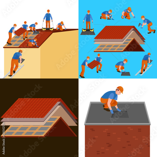 roof construction worker repair home, build structure fixing rooftop tile house with labor equipment, roofer men with work tools in hands outdoors renovation residential vector illustration