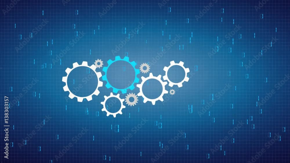 Human head with gears on the blue background with data animation.