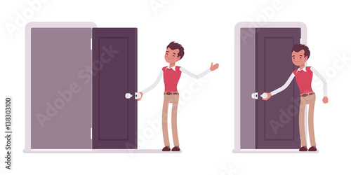 Set of young male office worker opening the door and closing