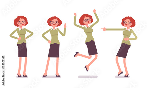 Set of young female office worker showing positive emotions