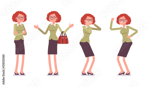 Set of young female office worker showing negative emotions