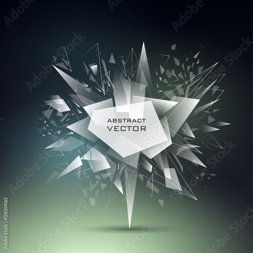 Abstract modern vector explosion banner. White triangles, lines, points on dark mesh background.
