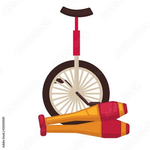 Circus juggling and equilibristics clubs and unicycle bike vector icons