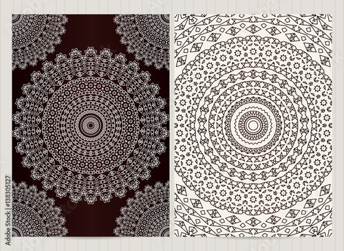 A4 format cards decorated with mandala in black and white colors.Vector islamic template for restaurant menu  flyer  greeting card  brochure  book cover and any other decoration.
