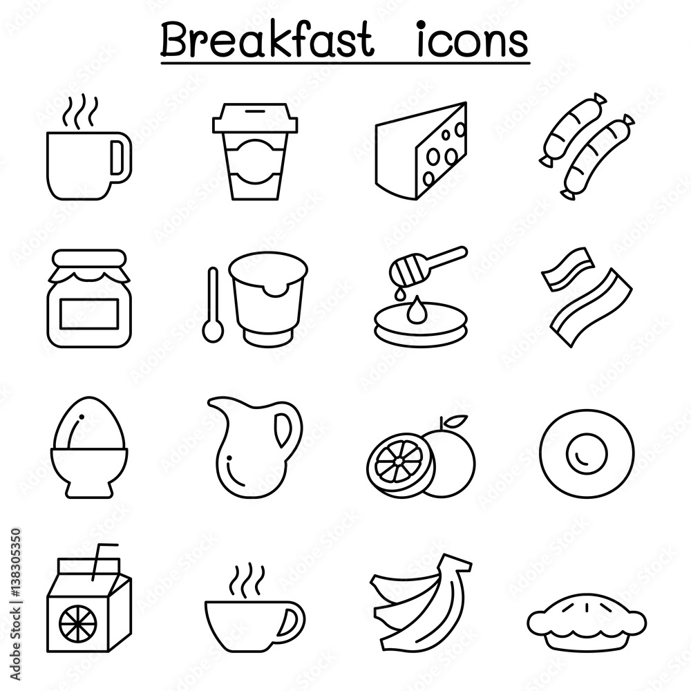 Breakfast icon set in thin line style Breakfast icon set in thin line style