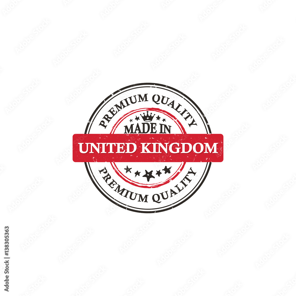 Made in Great Britain, Premium Quality, Trusted Brand - grunge label / badge / sticker with the United Kingdom's flag. Print colors used.