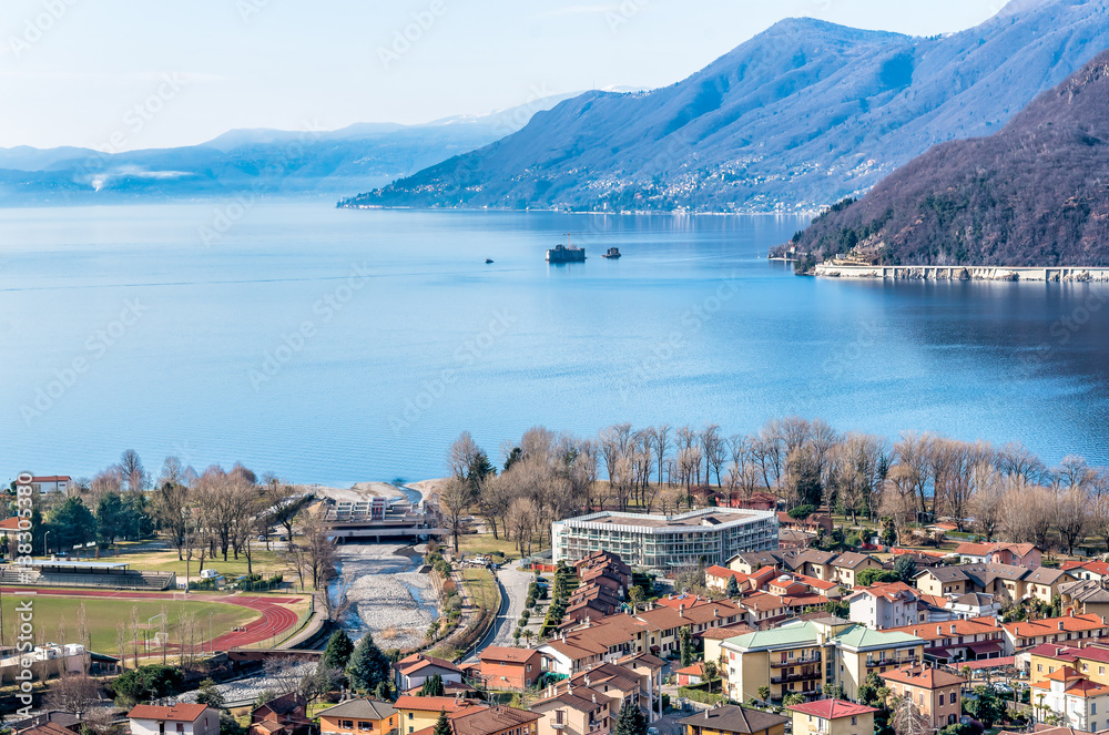 Landscape of lake Maggiore with Maccagno, Luino, Italy