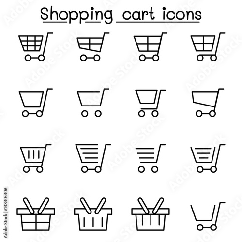 Shopping cart icon set in thin line style