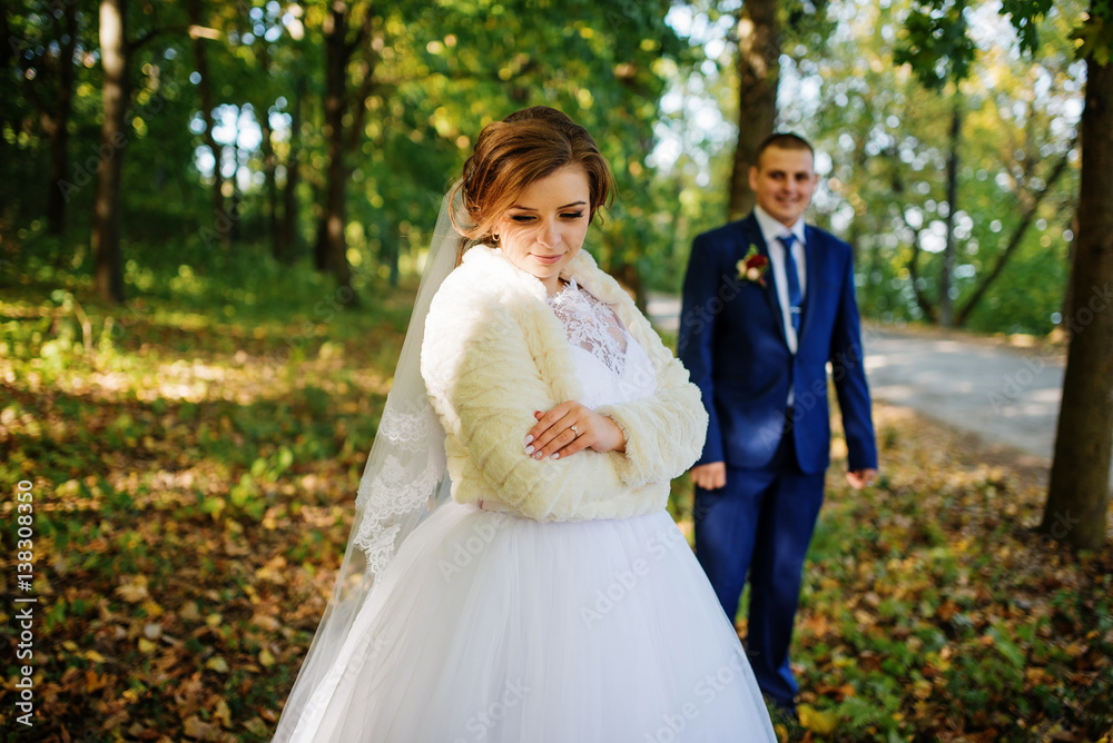 Loving wedding couple hugging at autumn forest with yellow leaves and sunny day.