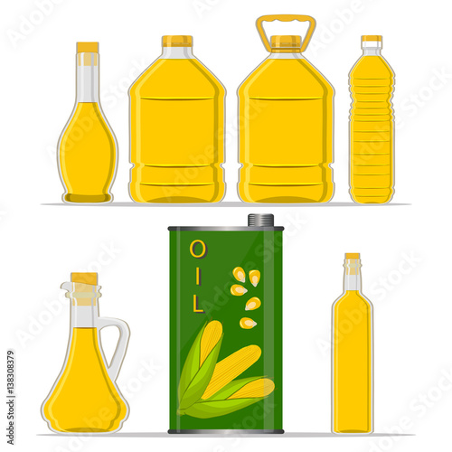 Vector illustration logo for set yellow glass bottle Corn Oil,plastic bottles with cap,iron jar maize oil,metal container natural organic liquid,corn in label,oily drop,closeup on white background.