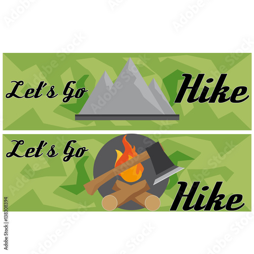 ravel And Hike Flat Banner With Axe And Mountain