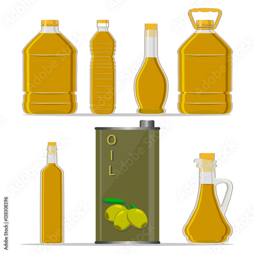 Vector illustration logo for set yellow glass bottle Olive Oil,plastic bottles with cap,iron jar olive oil,metal container natural organic liquid,olives in label,oily drop,closeup on white background.