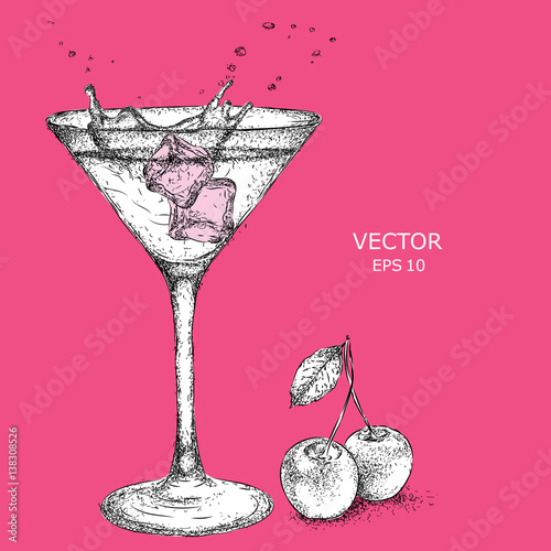 Hand drawn martini cocktail in glass with cherry. Vector illustration