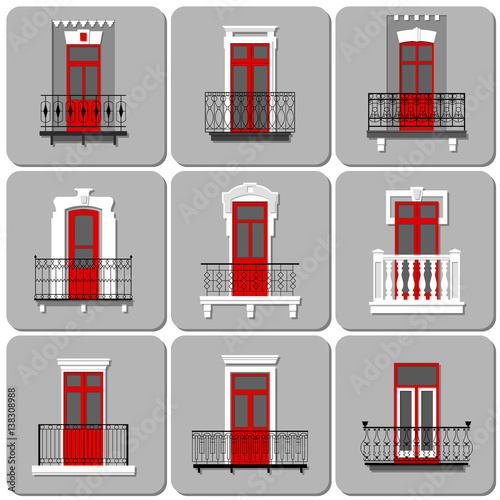 Vector set of flat vintage decorative forged balconies with red doors on gray background in London style.