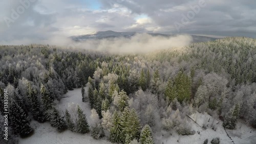 Amazing winter forest and flight through the clouds 