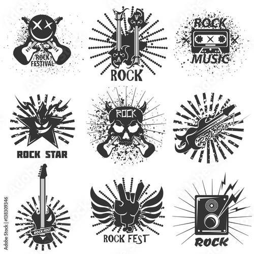 Rock band festival icons, skull and guitar vector emblems templates