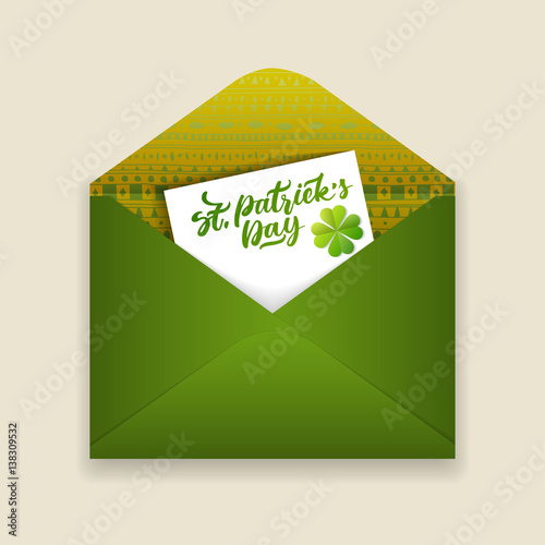 Vector holiday illustration on March 17. Open green envelope of patterned paper and card with the words "St, Patrick's Day" inside.