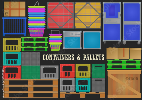 Vector set of flat wood, plastic, metal containers and pallets for transportation and storage of goods on black background.